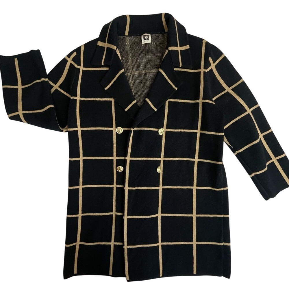 Anne‎ Klein Navy Tan Windowpane Plaid Double Breasted Knit Cardigan Coat Jacket